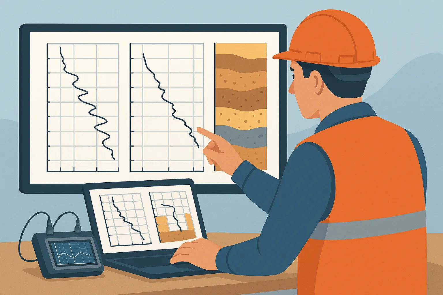 Анализ результатов CPT - графики сопротивления грунта и литологический разрез